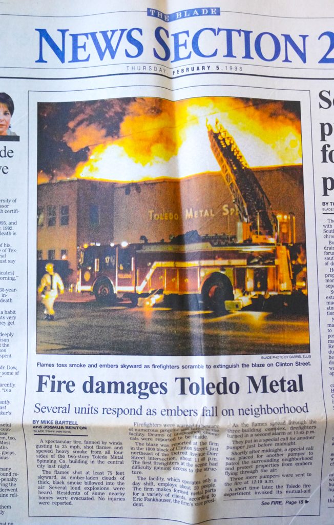 News article of fire at Toledo Metal Spinning Company February 1998