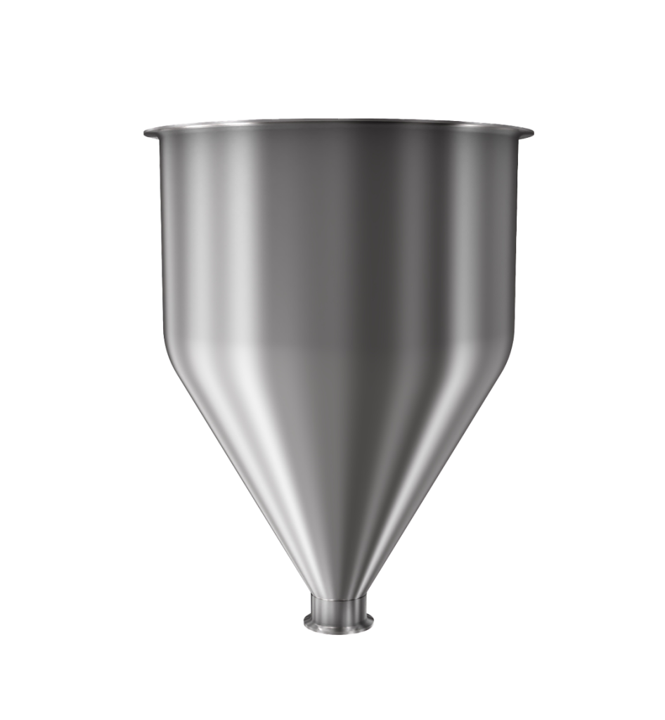 304 Stainless Steel funnel with 1 1/2" sanitary fitting 4.9 gallons, 11.85" ID x 16.97" OAH