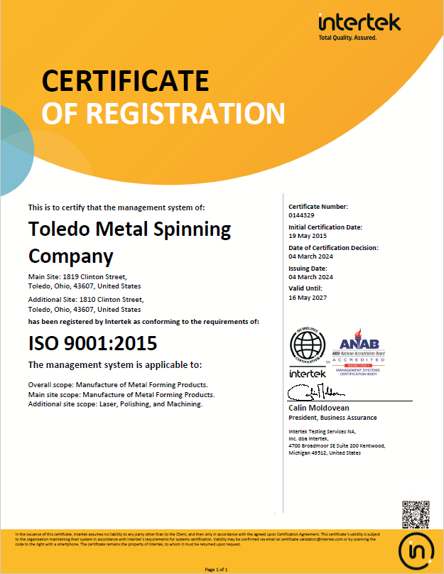 Toledo Metal Spinning ISO Certification